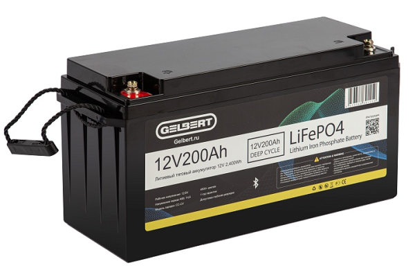 Литиевый тяговый аккумулятор Gelbert LiFePO4 (12V/200Ah/200А/2,400Wh) Bluetooth
